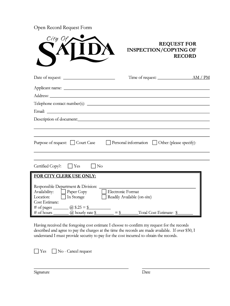 Fillable Online Open Records Request Form City of Salida Fax Email