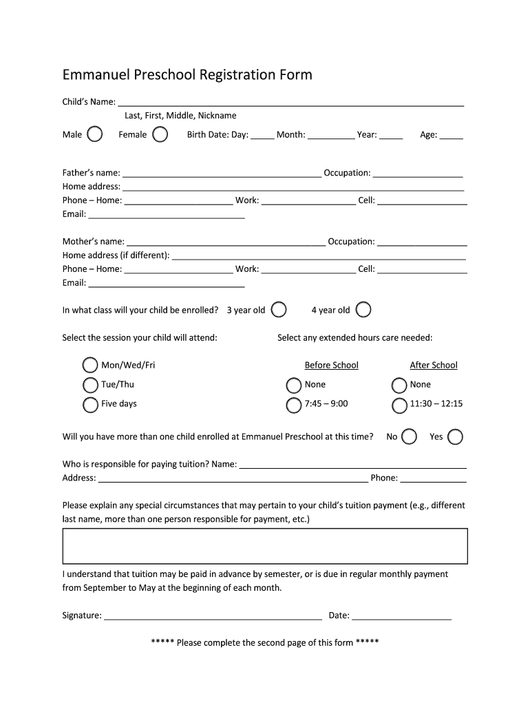 Fillable Online Emmanuel Preschool Registration Form Fax Email Print pdfFiller