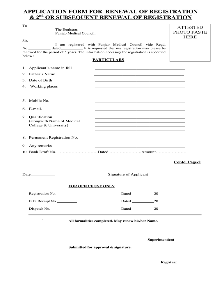 Punjab Medical Application Form for Renewal Registration Fill and