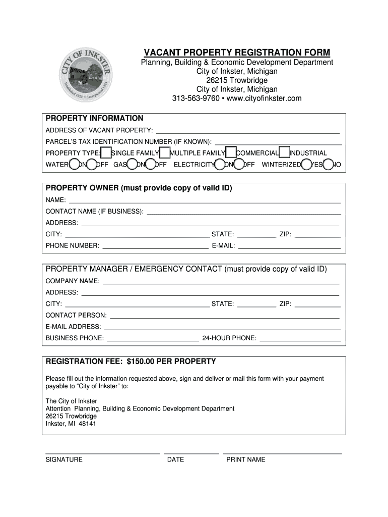 Fillable Online Vacant Property Registration Form City of Inkster Fax