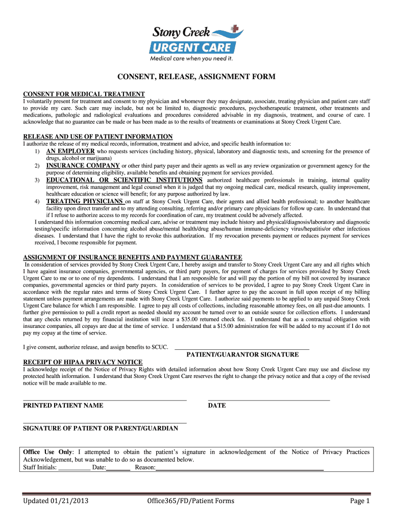 Fillable Online Consent, release, assignment form Stony Creek Urgent