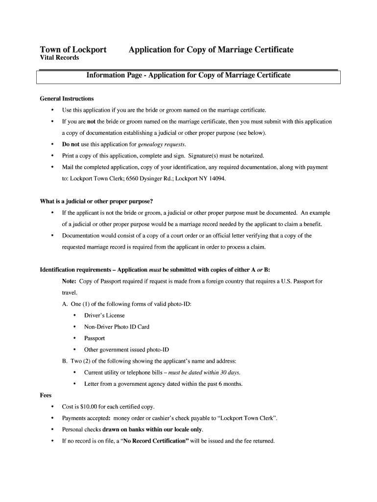 Fillable Online Town of Lockport Application for Copy of Marriage
