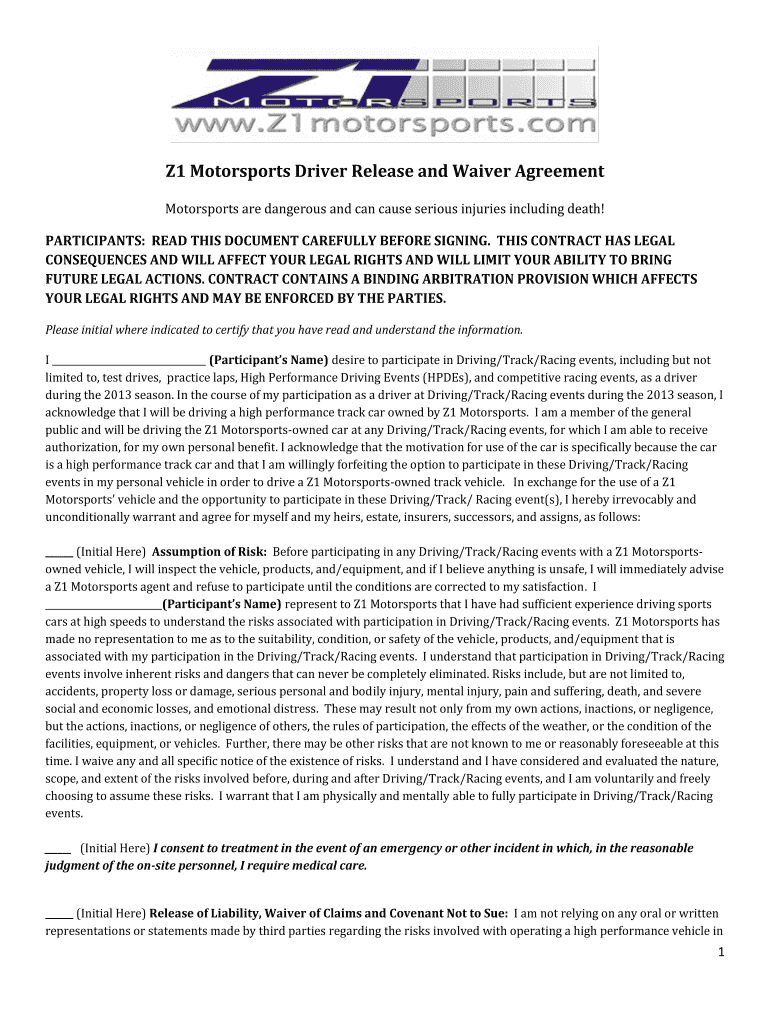 Fillable Online Z1 Motorsports Driver Release and Waiver Agreement.pdf Fax Email Print pdfFiller