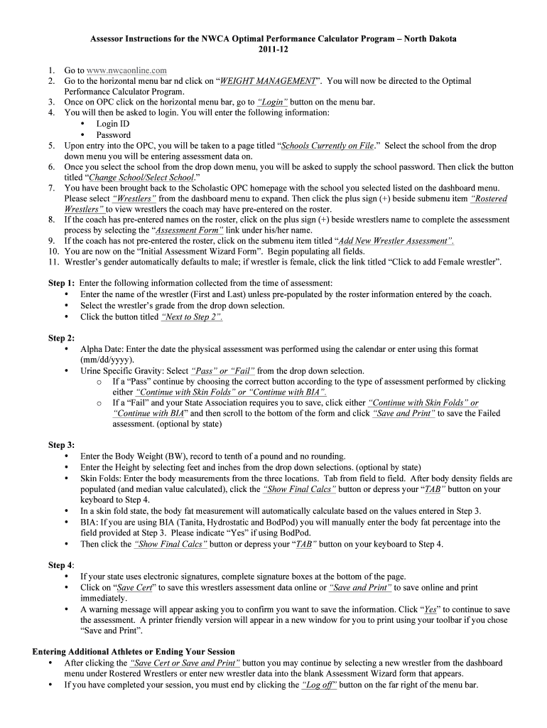 Fillable Online Assessor Instructions for the NWCA Optimal Performance