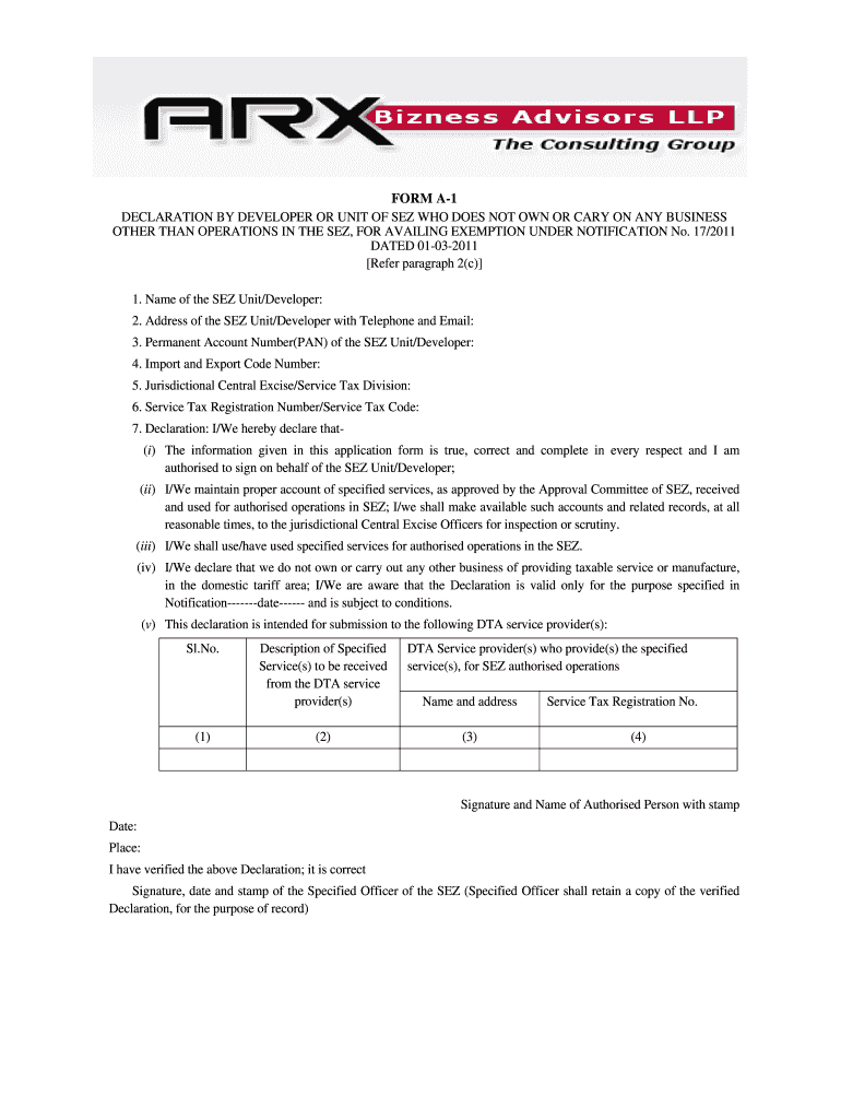 Fillable Online Form a1 declaration by developer or unit of sez who
