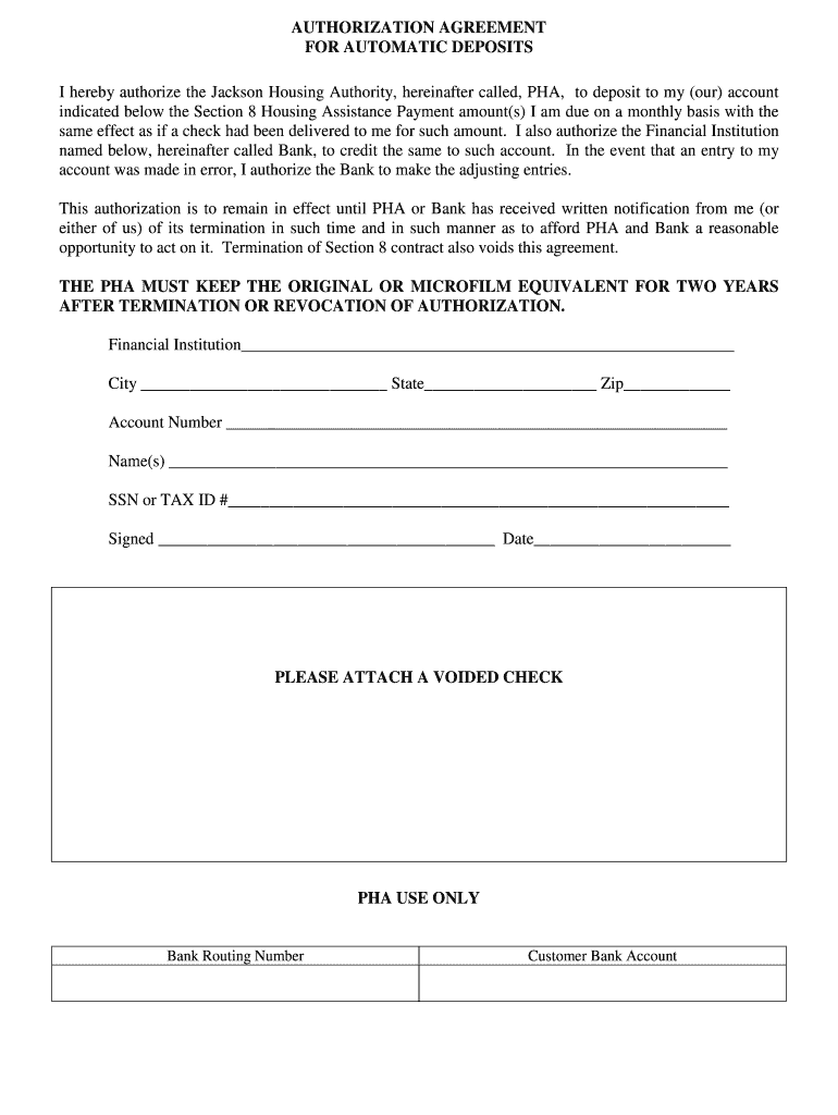 Fillable Online Direct Deposit Authorization Form Jackson Housing