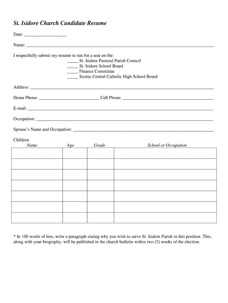 Fillable Online St. Isidore Church Candidate Resume St. Isidore's