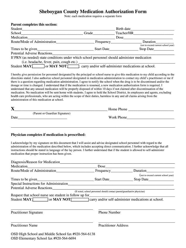 Fillable Online oostburg k12 wi STUDENT MEDICATION AUTHORIZATION FORM