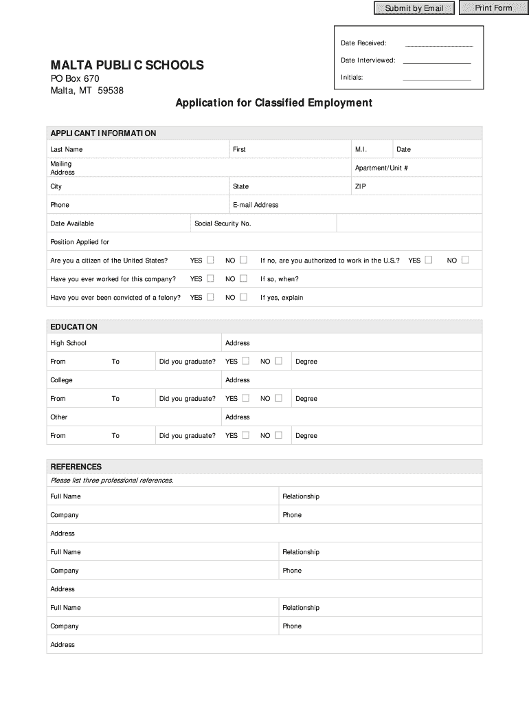 Fillable Online malta k12 mt Classified Application Malta Public