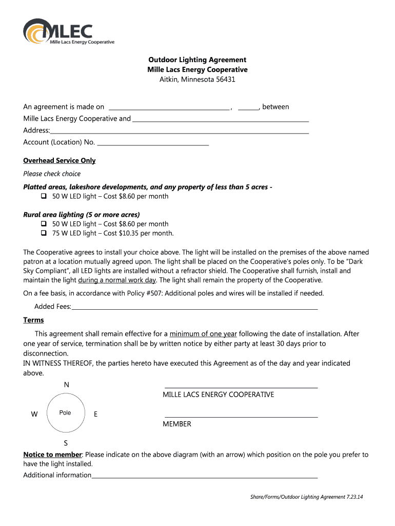 Fillable Online Outdoor Lighting Agreement Mille Lacs Electric