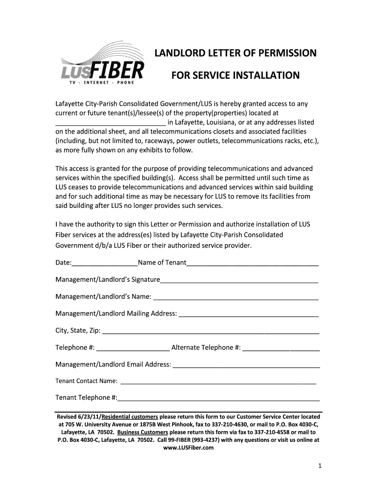 Fillable Online Landlord Approval & Permission Form LUS Fiber Fax Email Print pdfFiller