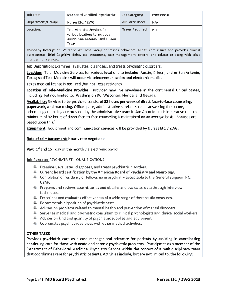 Fillable Online nursesetc Job Title MD Board Certified Psychiatrist Job