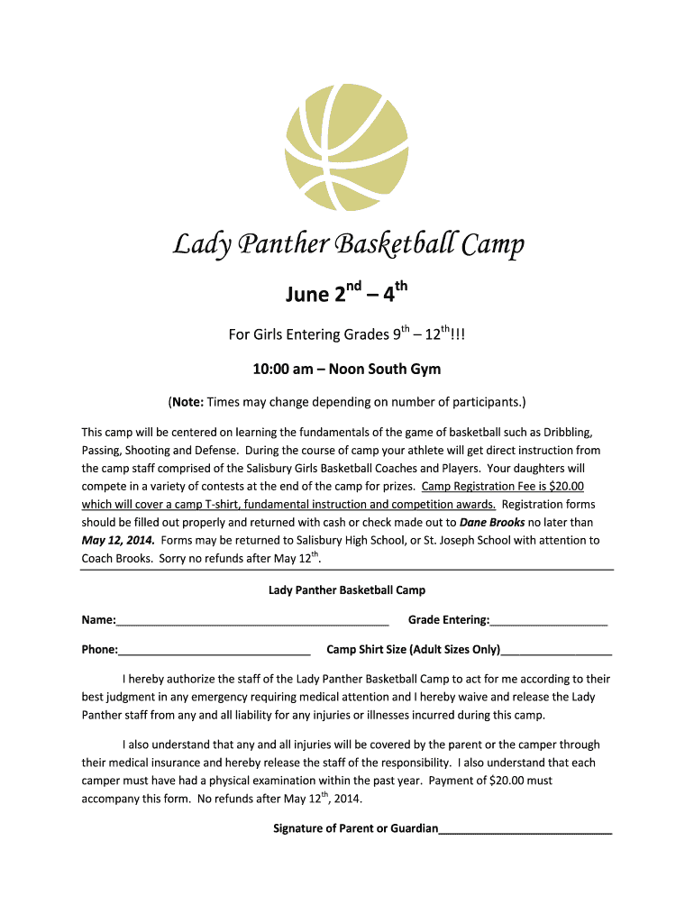 Fillable Online salisbury k12 mo Lady Panther Basketball Camp
