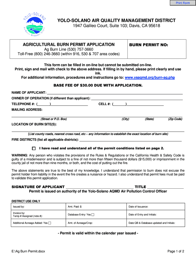 Fillable Online Burn Permits YoloSolano Air Quality Management