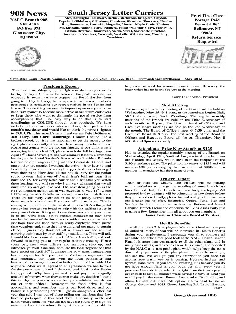 Fillable Online May NALC Branch 908 Fax Email Print pdfFiller