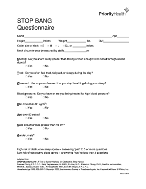 Stop Bang Questionnaire Pdf - Fill and Sign Printable Template Online
