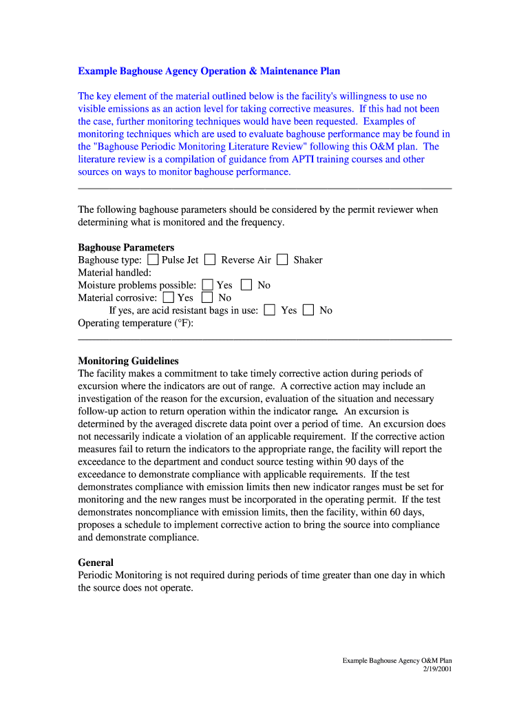 Fillable Online Example Baghouse Agency Operation & Maintenance Plan