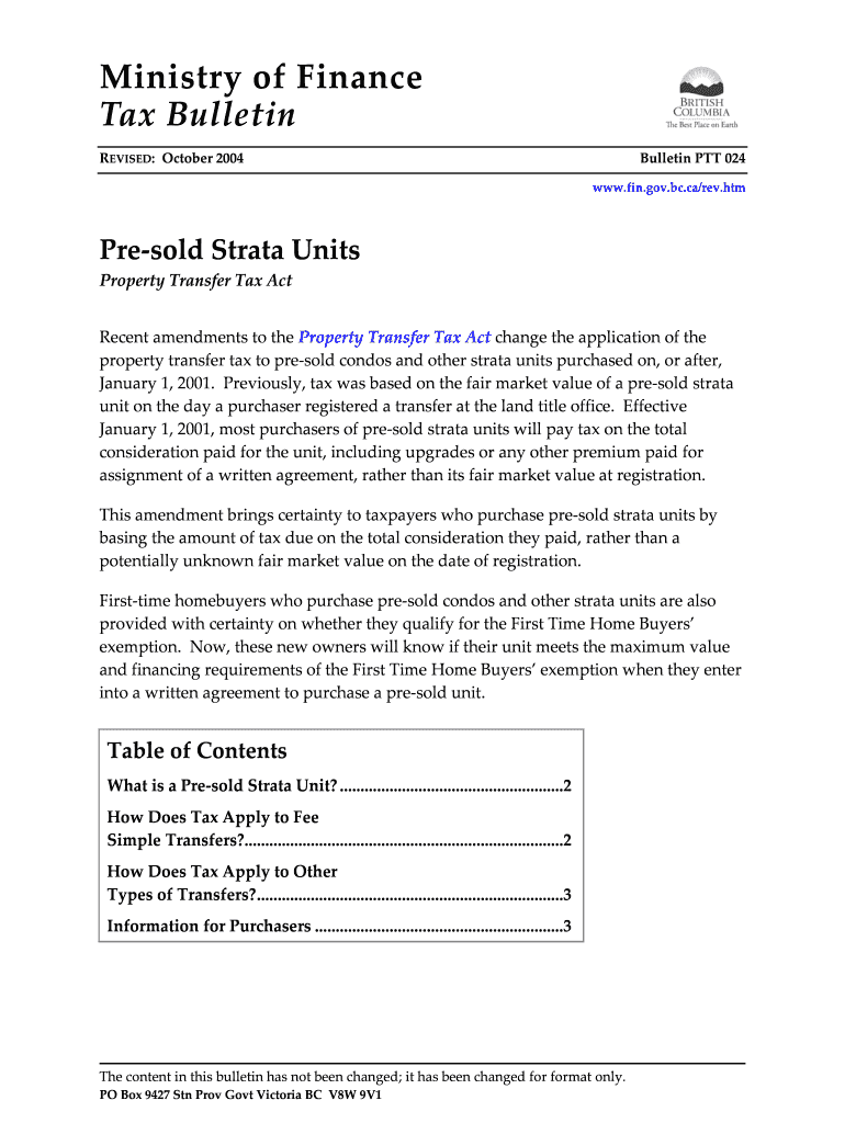 Fillable Online sbr gov bc Bulletin PTT 024 Presold Strata Units Recent amendments to the