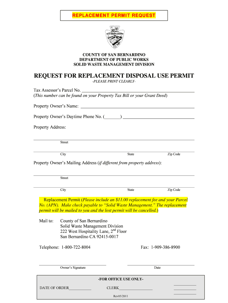 Fillable Online sbcounty Replacement Permit Request San Bernardino
