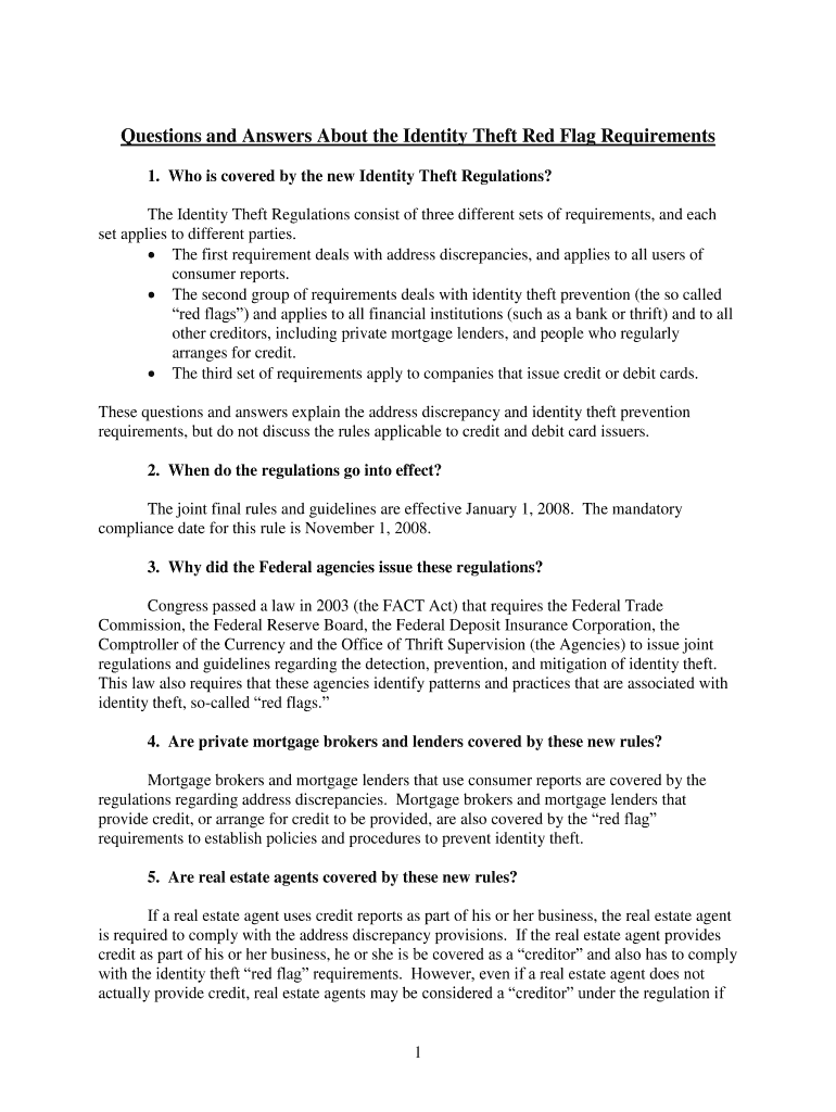 Fillable Online Questions and Answers About the Identity Theft Red Flag