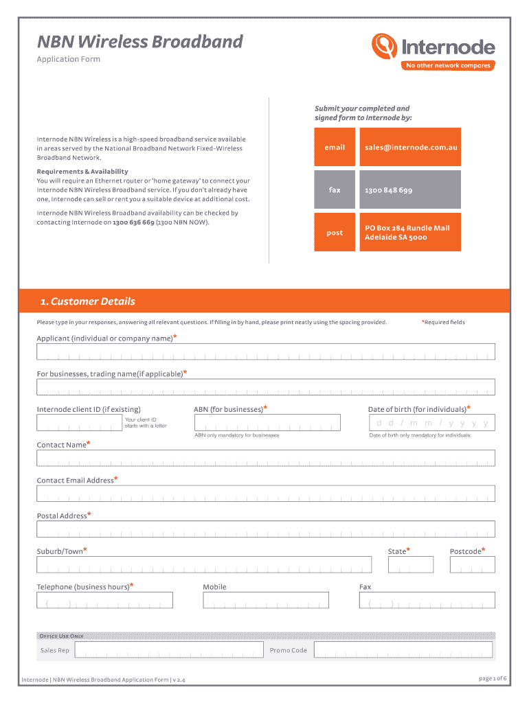 Fillable Online PDF order form for NBN Wireless broadband services
