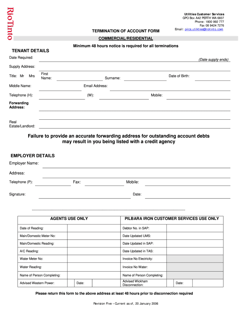 Fillable Online TERMINATION OF ACCOUNT FORM Fax Email Print pdfFiller