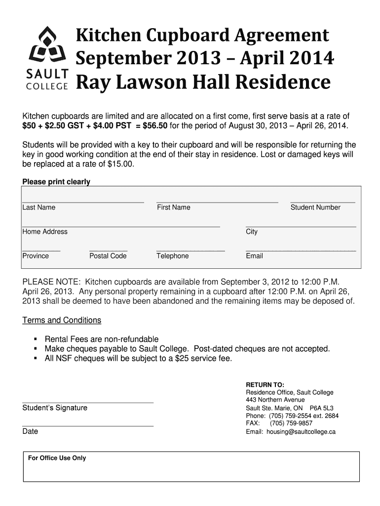 Fillable Online Kitchen Cupboard Rental Agreement 20132014 Sault