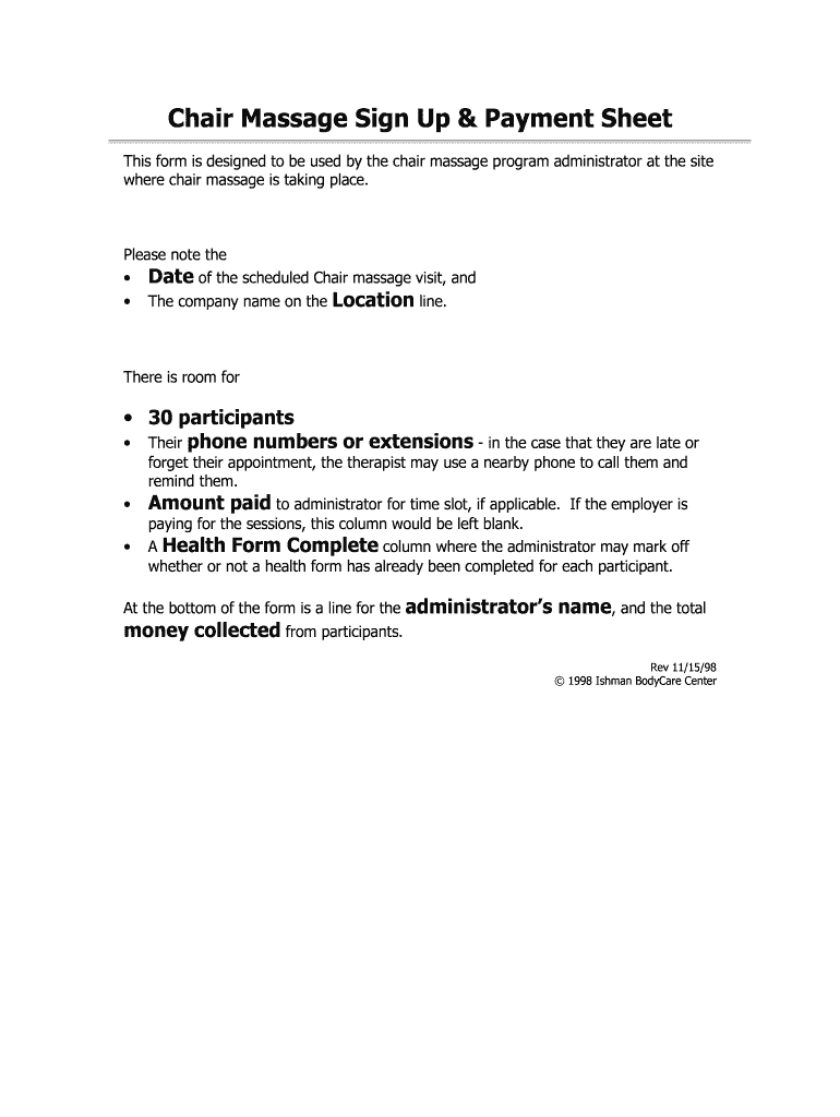 Fillable Online Chair Massage Sign Up & Payment Sheet Fax Email Print