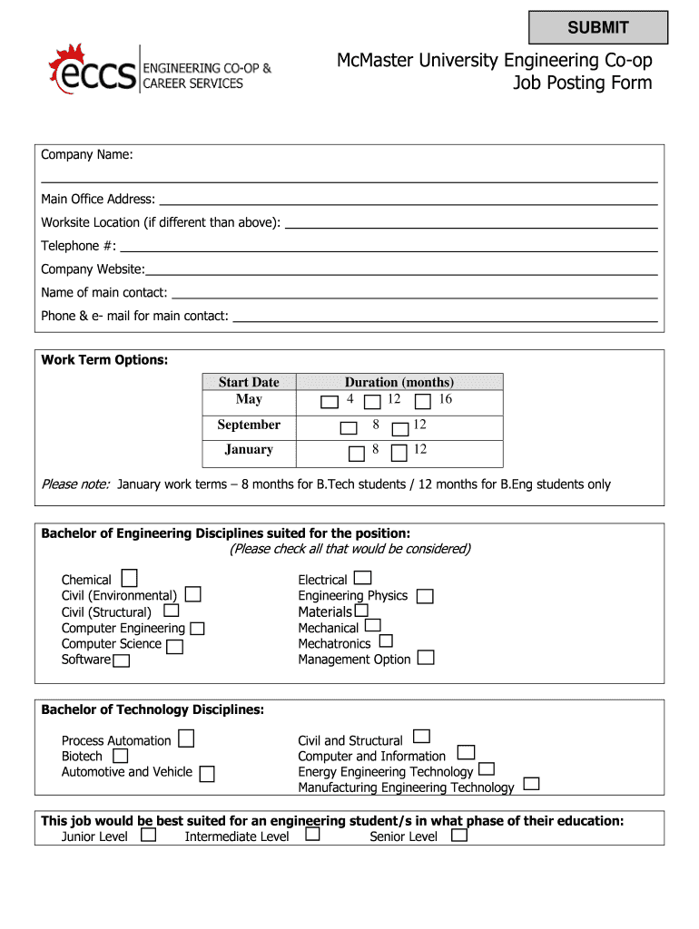 Fillable Online McMaster University Engineering Coop Job Posting Form