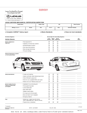 Lexus Certified Pre-Owned Inspection Form - Blank Fillable Template