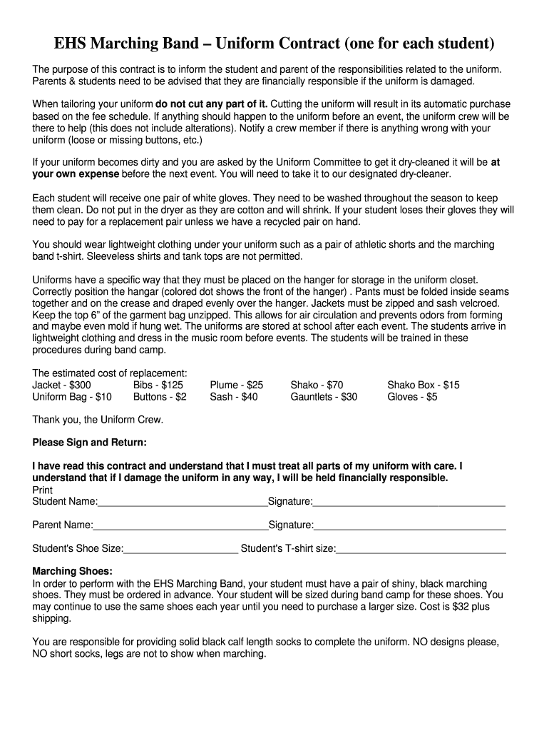 Fillable Online evergreenhsmusic EHS Marching Band Uniform Contract