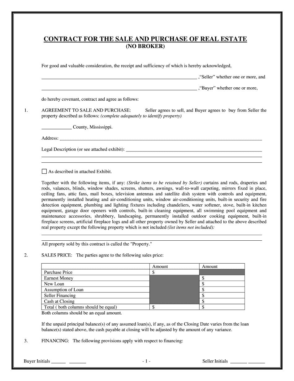 Mississippi Real Estate Contract Printable Blank PDF Online
