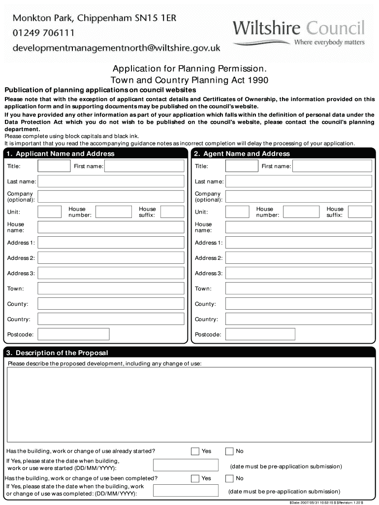 Fillable Online wiltshire gov Application for Planning Permission. Town