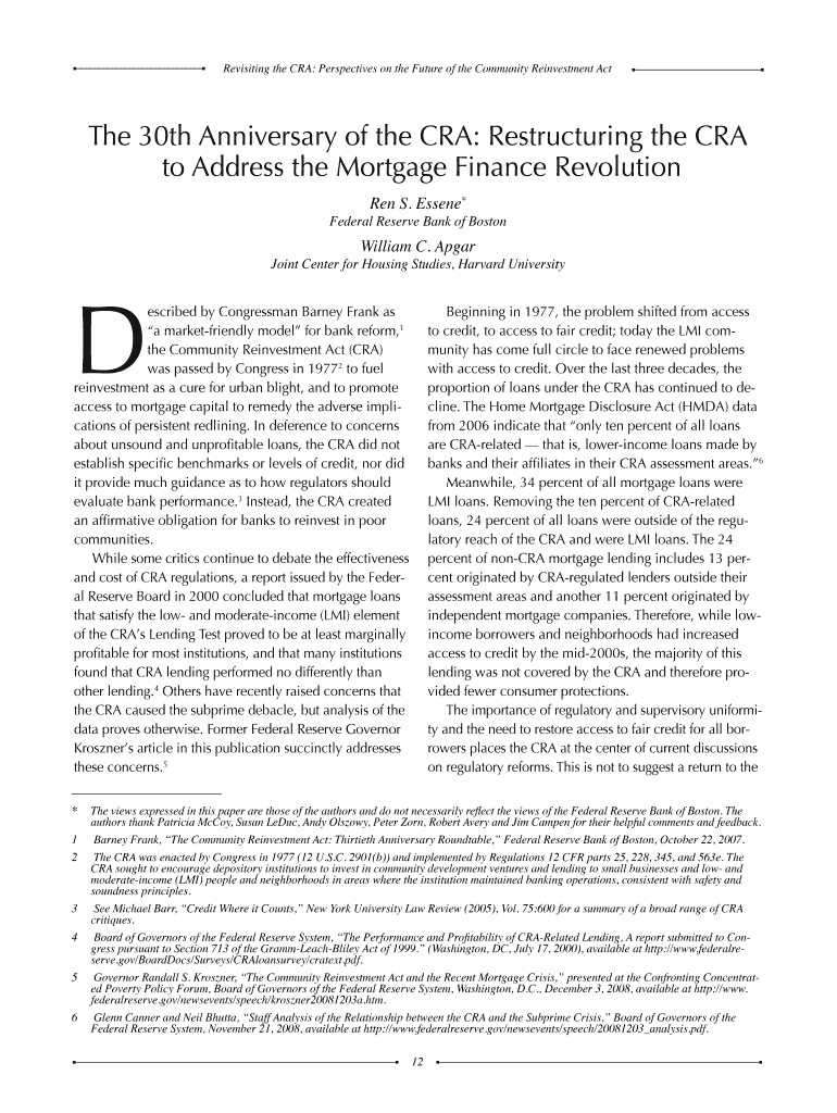 Fillable Online The 30th Anniversary of the CRA Restructuring the CRA