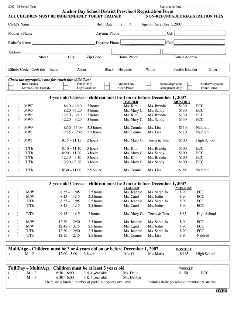 Fillable Online Anchor Bay School District Preschool Registration Form