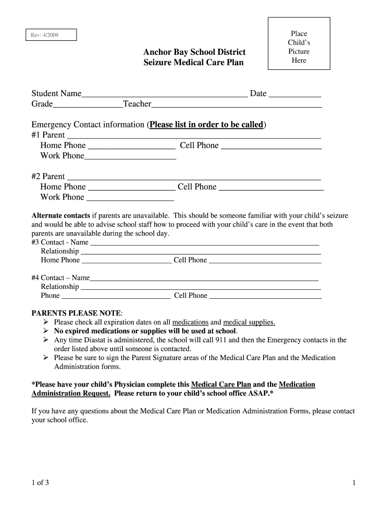 Fillable Online Anchor Bay School District Seizure Medical Care Plan
