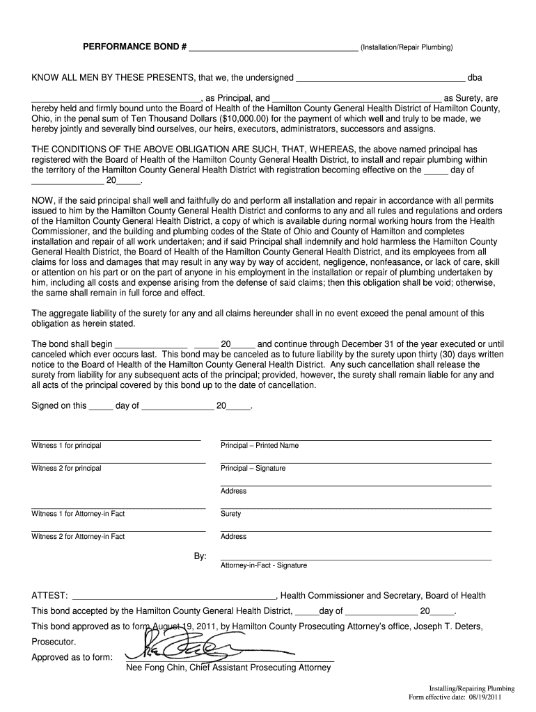 Fillable Online Plumbing Bond Hamilton County Public Health Fax Email