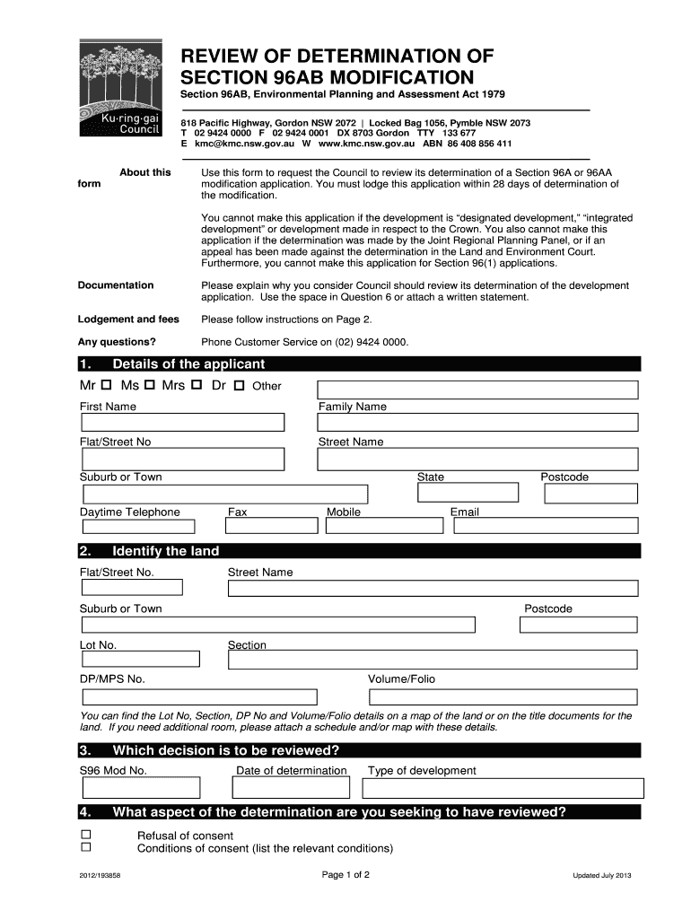 Fillable Online Section 96AB form July 2013 Kuringgai Council Fax Email Print pdfFiller