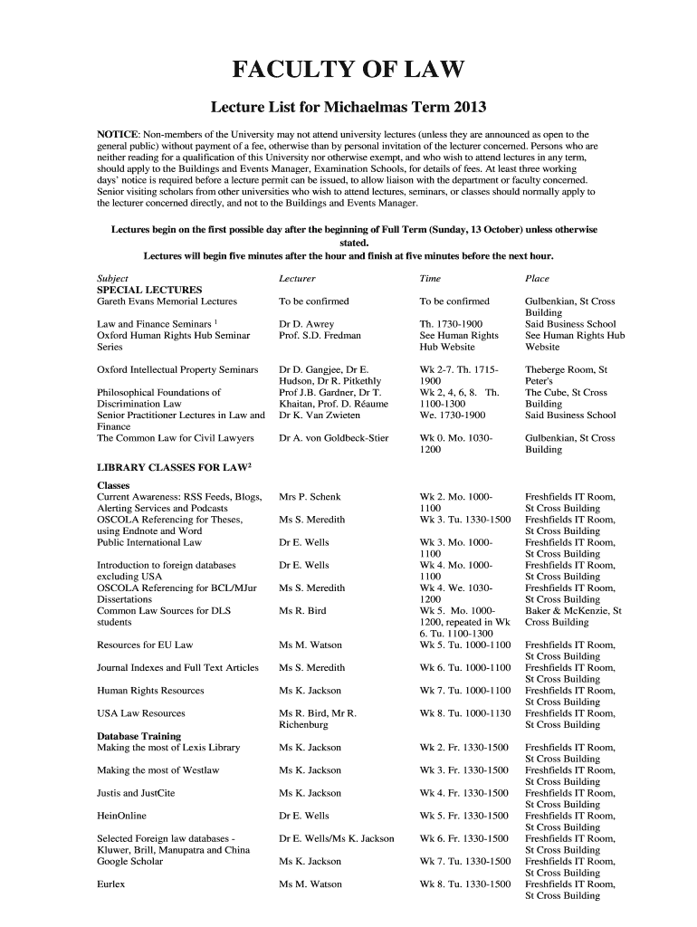 Fillable Online law ox ac MT 13 Lecture list Final. Law Peter Birks