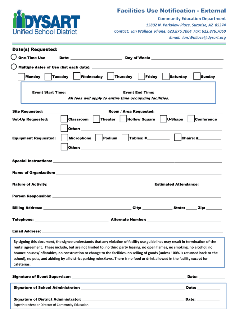 Fillable Online dysart Facilities Use Notification External 20132014