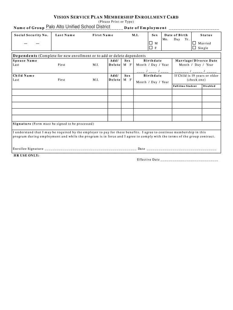 Fillable Online Vision Service Plan Form Bob Palo Alto Unified
