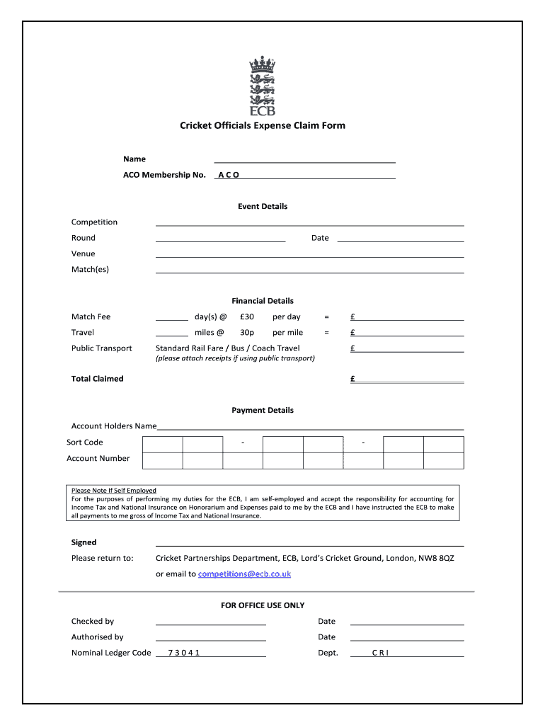 Fillable Online Cricket Officials Expense Claim Form Ecb Fax Email