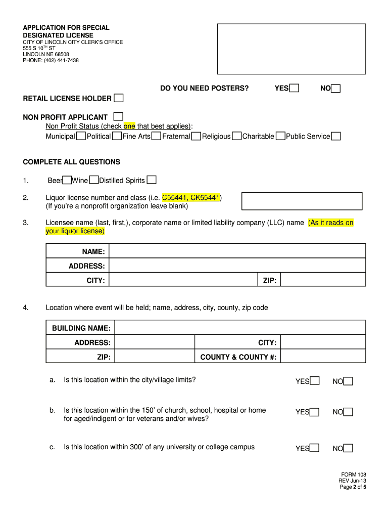 Fillable Online lincoln ne APPLICATION FOR SPECIAL DESIGNATED LICENSE Fax Email Print