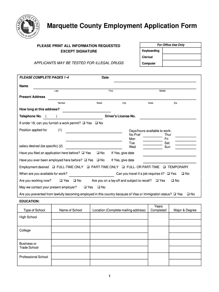 Fillable Online Marquette County Employment Application Form Fax Email