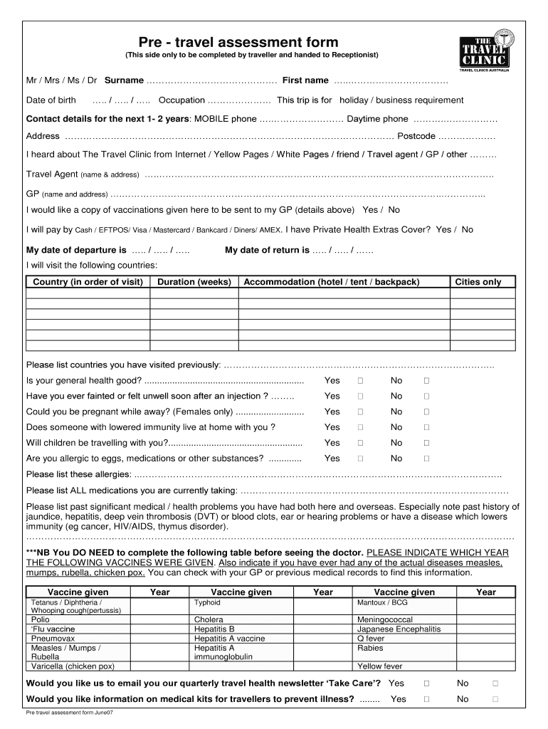 Fillable Online yourhealth net Pre travel assessment form Your