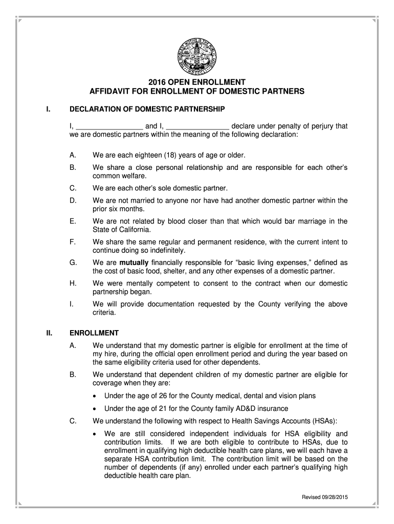 CA Affidavit for Enrollment of Domestic Partners 2016 Fill and Sign