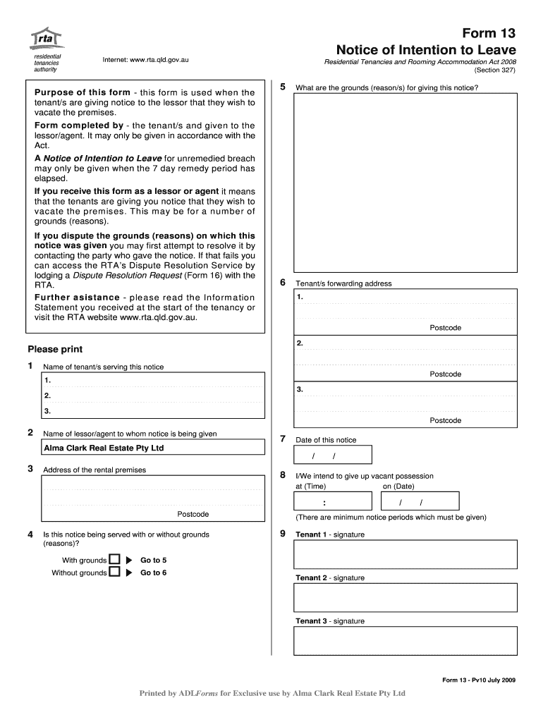 Fillable Online Form 13 Notice of Intention to Leave Alma Clark Real