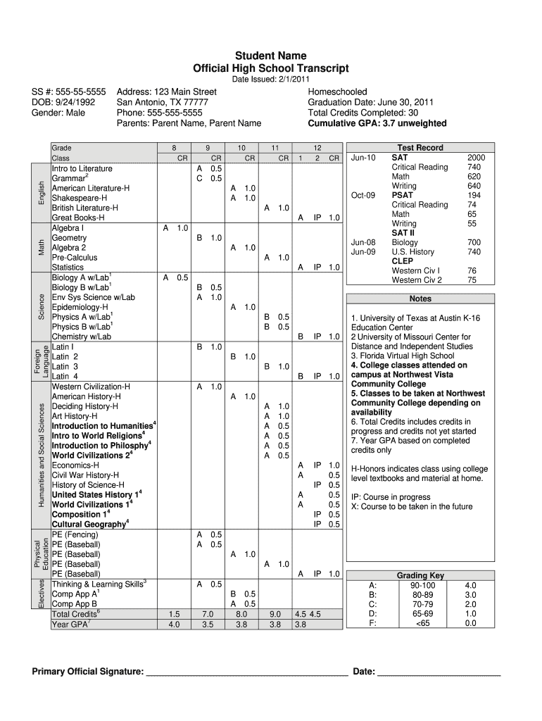 Fillable Online High School Transcript
