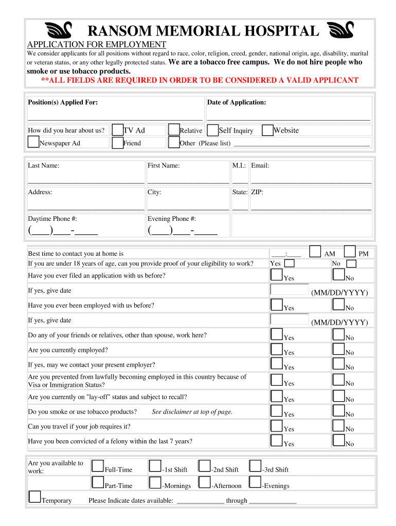 Fillable Online ransom RMH Employment App Ransom Memorial Hospital