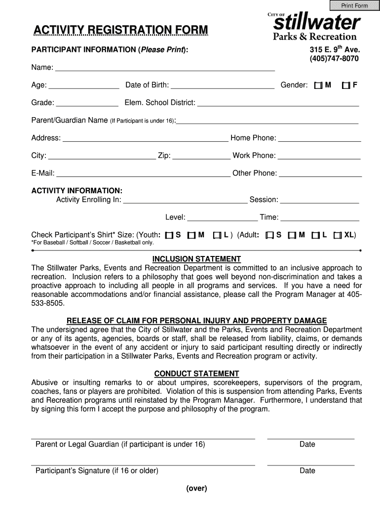 Fillable Online stillwater Activity Registration Form the City of